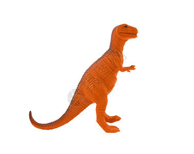 Tyranosaur橙色玩具孤立的橙色塑料巨型龙尾蛇站在白色背图片