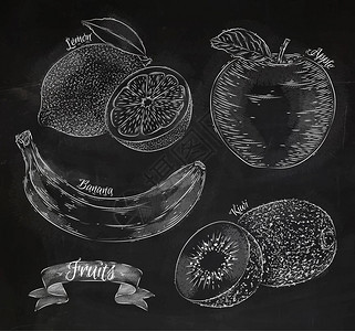在黑板柠檬苹果香蕉木薯上以图片