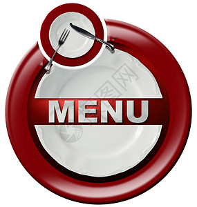 红圆餐桌菜单符号或带有白空盘子和银餐具叉刀和的图标在白图片