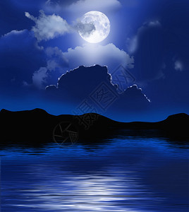 深蓝色的夜空月亮和大海图片