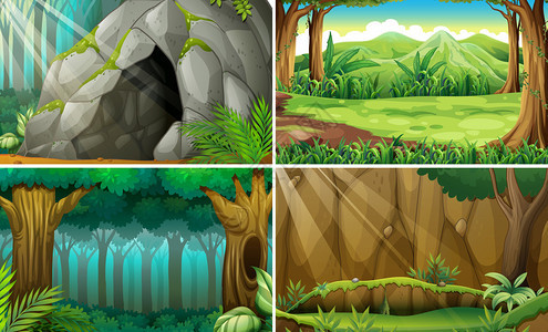 森林和洞穴四个场景的插图图片