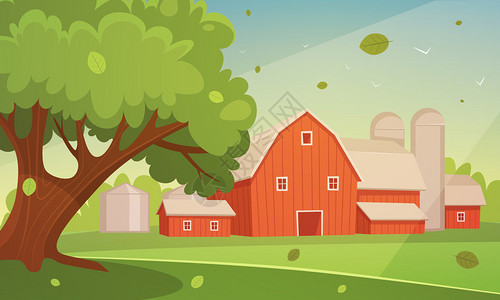 红色谷仓农场的卡通插图乡村景观图片