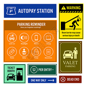 一套用于停车场提醒和其他重要信息的招牌它们是自动转帐站闸门屏障警告停车提醒售票亭入场费代客泊车或图片