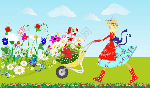 与五颜六色的花朵和手推车同行的女孩的构图背景图片
