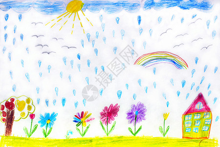 儿童画房子花和彩虹的形象插画