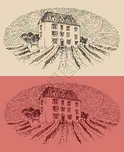 法国省葡萄酒标签设计建筑古典雕刻的插图手图片