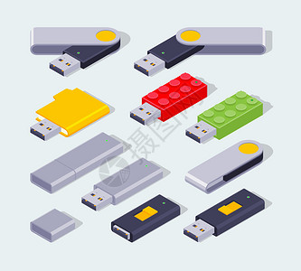 一组等度USB闪光驱动器对象在淡蓝色背景下被孤立图片