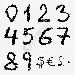 手写矢量木炭数字0123456789和货币符号图片
