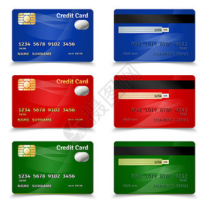 塑料银行信用卡设置在红色蓝和绿色设计逼真背景图片
