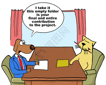 显示项目经理狗与团队成员猫交谈的商业卡通片图片