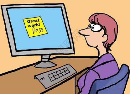 商业卡通显示女商人在看她的电脑图片