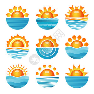 日落有海浪和地平线环橙蓝图标设置平图片