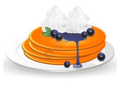 在白色背景的盘子上放着蓝莓和生奶油的煎饼图片