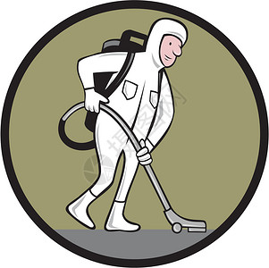 工业清洁工穿着无尘室套装或生物危害套装的卡通风格插图图片