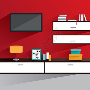 白色抽屉带有红色墙壁和家具的起居室内现代住宅插画
