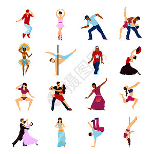 跳舞者运动和社会舞蹈图标设置了孤图片