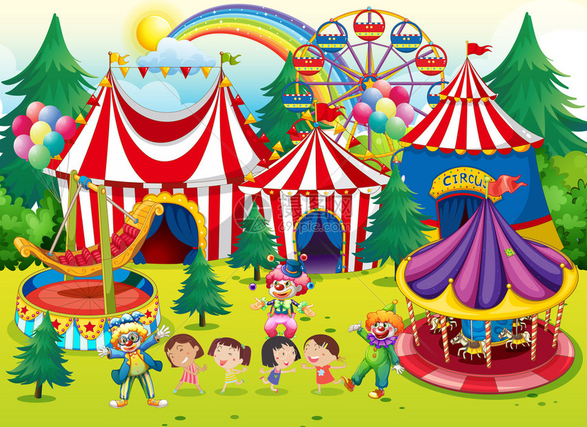 孩子们在马戏团插图中玩得开心图片