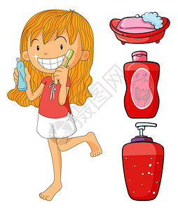 穿着红色刷牙插图的女孩插画