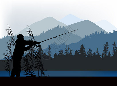 山附近渔夫剪影的插图背景图片