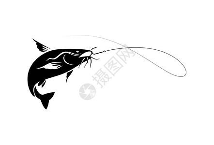 插图鲶鱼钩在白色背景上的黑色图片