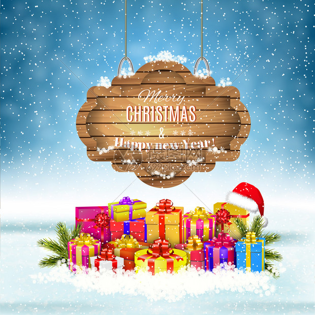 新年和圣诞快乐冬季背景与礼物和礼品盒和木制华丽矢量图问候语或图片
