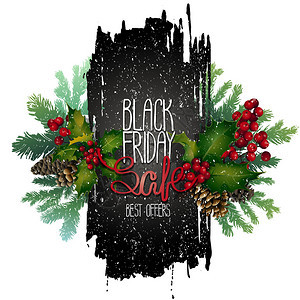 黑色星期五特卖黑色墨渍与冬青叶和浆果针叶树枝和锥体前景中的雪花背景图片