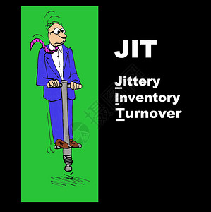 商业插图显示一个商人在弹簧棒上和首字母缩略词JIT图片