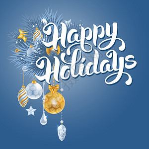 圣诞贺卡与冷冻云杉树枝和不同的圣诞装饰品蓝色背景上的刻字节日图片