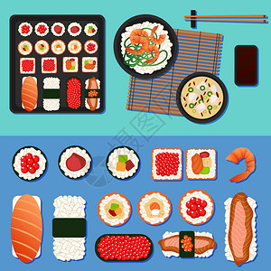 配有不同卷汤和大米的寿司套件图片