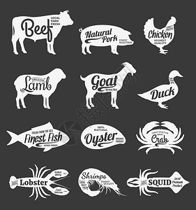 屠宰场和海鲜标志集农场动物和带有示例文本的海鲜杂货店肉类商店海鲜店和广告的农场动物和海鲜剪影集合图片