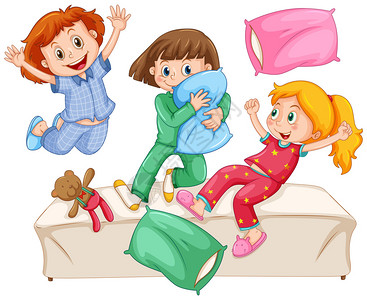 三个女孩玩枕头搏斗在图片