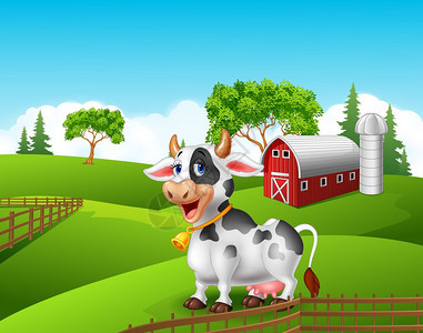 卡通快乐的奶牛微笑在农场被孤图片