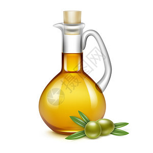 橄榄油玻璃壶投手罐瓶与橄榄枝在白色背景图片