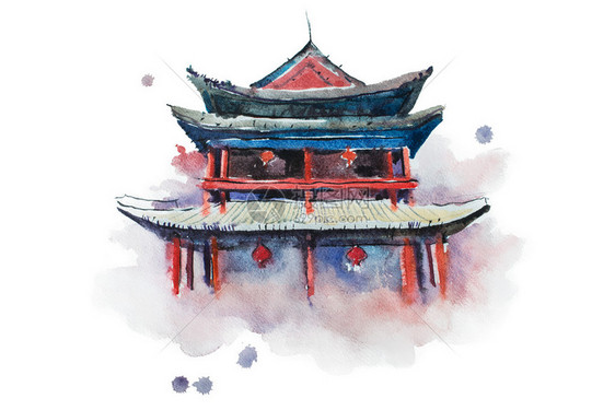 西安城墙水彩绘Xian工事的画图片