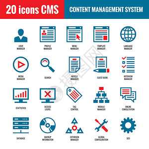 CMS内容管理系统20个矢量图标SEO搜索引擎优化矢量图标网站互联网技术矢量图标计图片