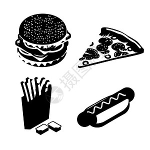 设置快餐剪影大多汁的汉堡和剁碎纸盒里的炸薯条番茄酱和奶酪酱Vezhey一块披萨配香肠和西红柿美味的热狗小圆面包和图片