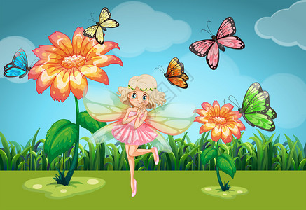 花园里的仙女和蝴蝶插画图片