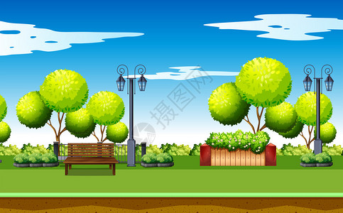 公园场景与树木和长椅插图图片