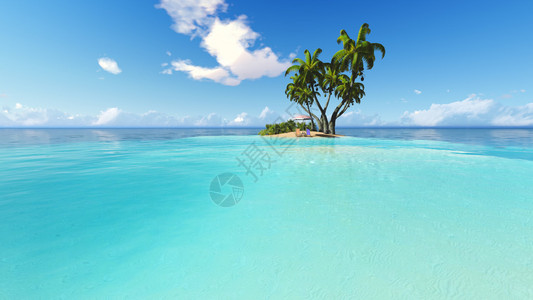 海滩和棕榈躺椅蓝天和云彩3D渲染图片
