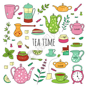 大集合的下午茶时间五颜六色的茶壶杯子叶子纸杯蛋糕和糖果手绘在白色背景上卡通风背景图片
