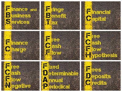 商业首字母缩略词的照片拼贴画在道路标记黄色油漆线上FBSFBTFCFCFFCFHFCFNFD图片