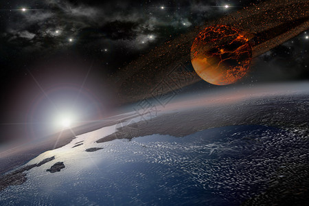 小行星在低空撞击地球红月升起图片
