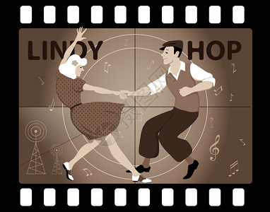 穿着古老时装舞的情侣LindyHop在旧电影框中图片