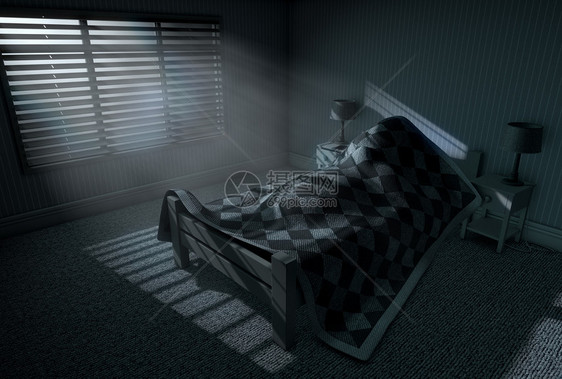 A3D由睡在床罩下的人用明月光照亮的窗帘和对床边桌子充电的手机图片