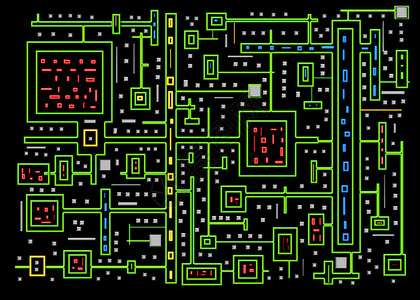 画笔线条有趣的抽象微芯片板隔离在黑色背景上插图形霓虹灯颜色有亮绿色黄色插画