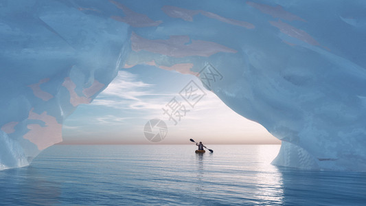 用小船划人到冰山的船头这是一个3d渲染插图设计图片