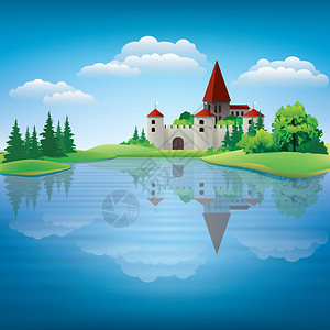 卡通画城堡和池塘矢量图图片