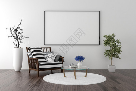 单椅和空白相框背景3d渲染图片