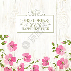 快乐圣诞贺卡与红色盛开的花朵在木制的背景您设计的邀请背景图片