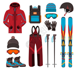滑设备矢量图标设置滑板和滑杖冬季设备图标度假活动或旅行滑设备冬季山地滑冷休图片